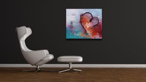 Heart Happiness 1. Künstlerin Dorothea Göbel Bild abstrakte Kunst kaufen. Mischtechnik auf Leinwand Herzmotiv Raumansicht.
