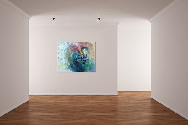 Heart Happiness 2. Künstlerin Dorothea Göbel Bild abstrakte Kunst kaufen. Mischtechnik auf Leinwand Herzmotiv Raumansicht.