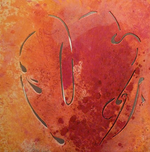 Heart Light 6. Künstlerin Dorothea Göbel Bild mit Beleuchtung abstrakte Kunst kaufen. Mischtechnik Herzmotiv Raumansicht.