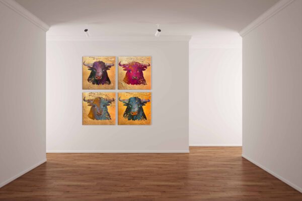 Bull in divine light Pop Art Serie Kunstwerke. Künstlerin Dorothea Göbel Bild Kunst kaufen Stiermotiv. Mischtechnik auf Leinwand mit Gold Raumansicht.
