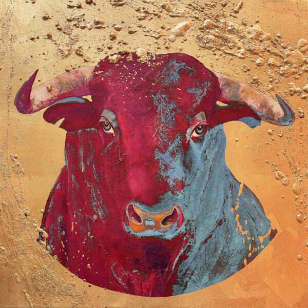 Bull in divine light Pop art Bild. Künstlerin Dorothea Göbel Bild Kunst kaufen Stiermotiv. Mischtechnik auf Leinwand mit Gold.