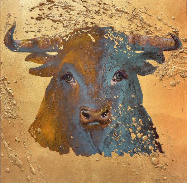 Bull in divine light Pop art Bild. Künstlerin Dorothea Göbel Bild Kunst kaufen Stiermotiv. Mischtechnik auf Leinwand mit Gold.
